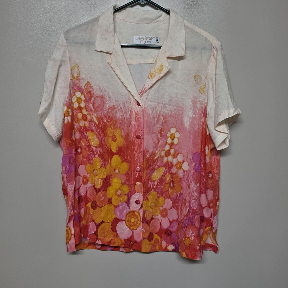 Jams World 50th Anniversary Sundaisy Pink Floral Rayon Camp Shirt USA L